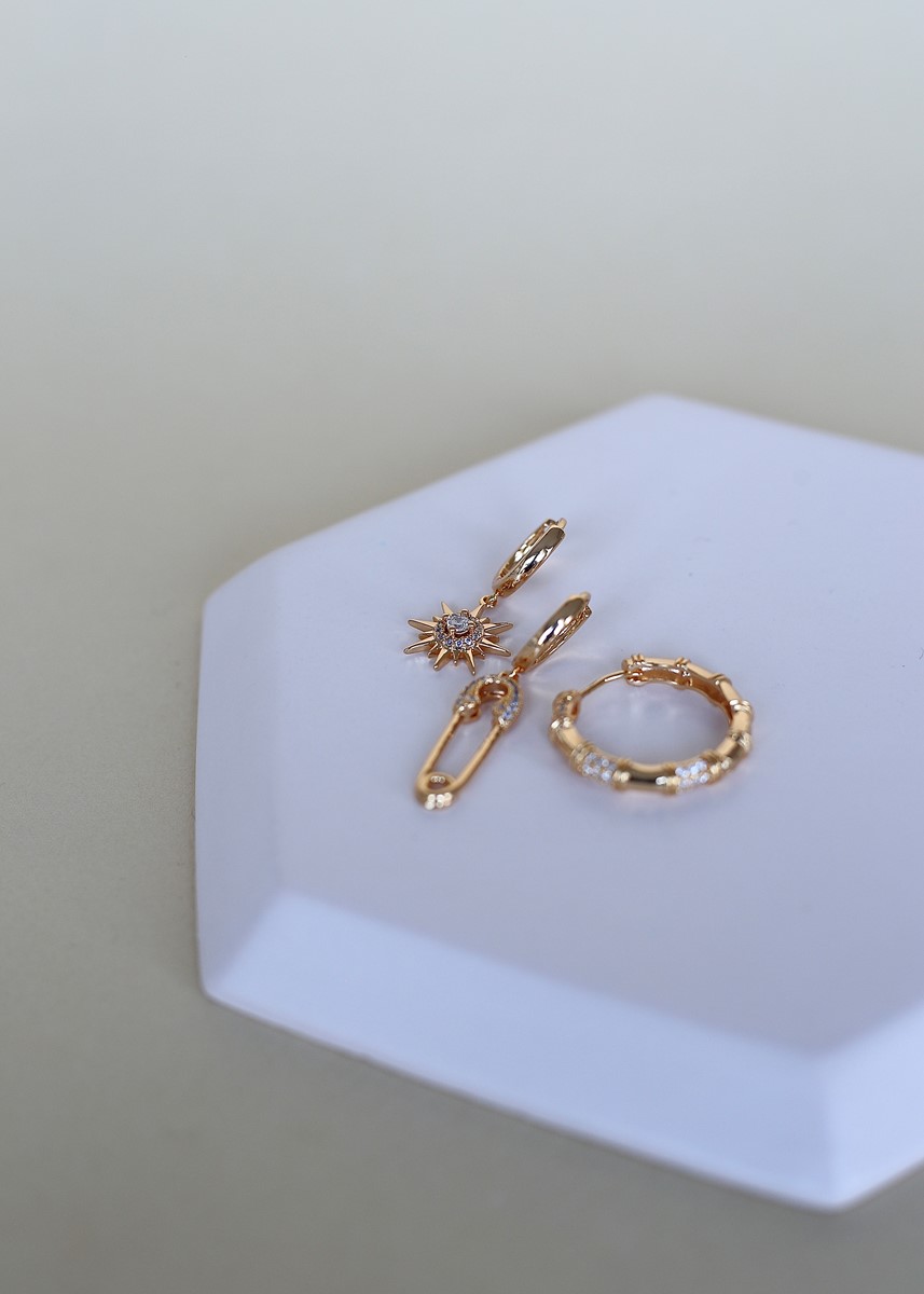 güneş filkete ve halkalı taşlı üçlü kombin küpe