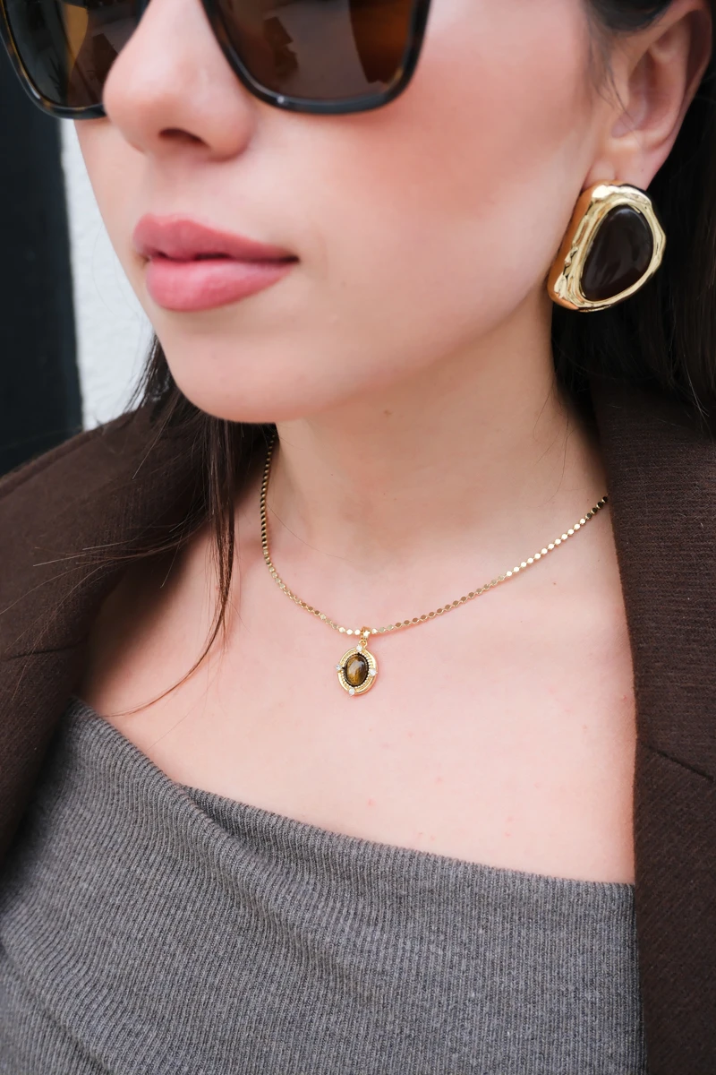 Doğaltaş Uçlu Kısa Ezme Zincir Kolye