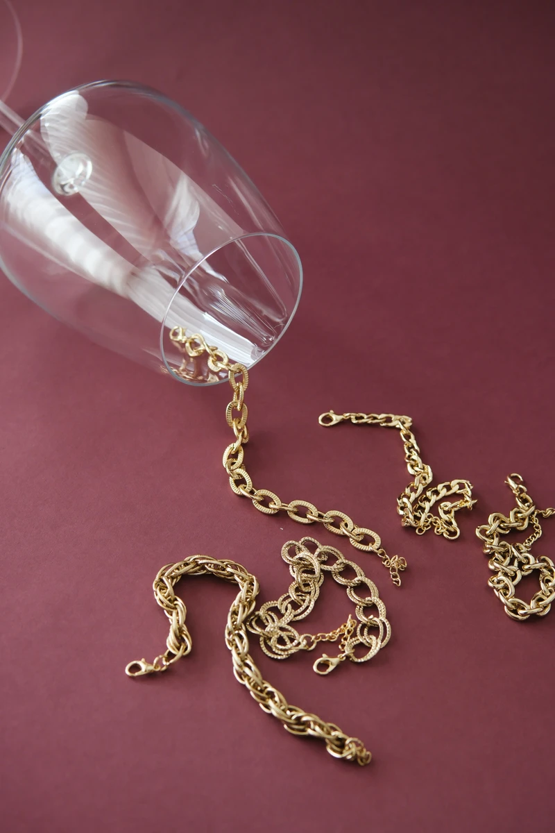 Dokulu Oval Halka Tasarım Gold Zincir Bileklik