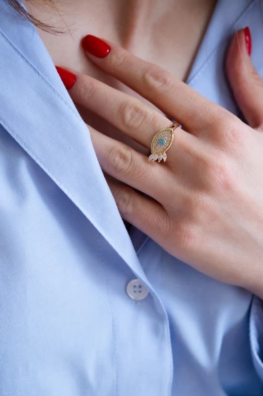 Mavi Taşlı Göz Tasarım Gold Yüzük