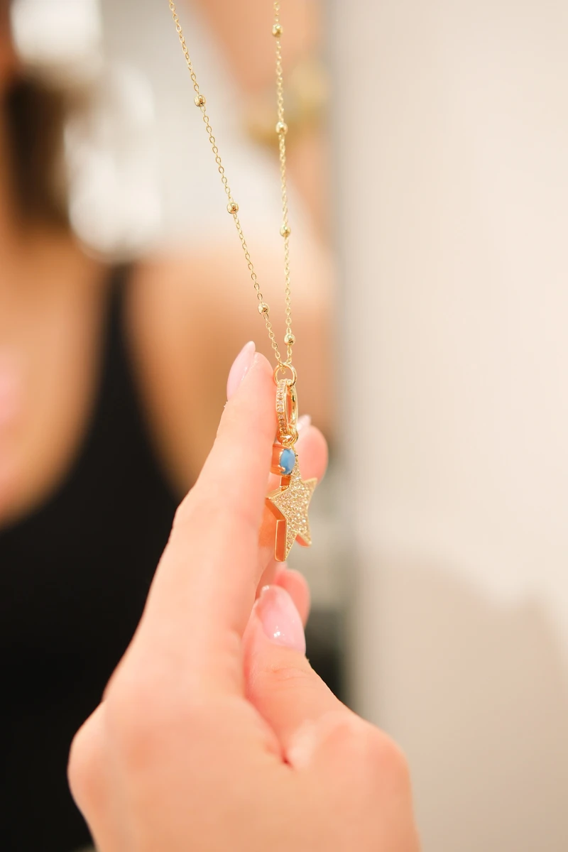 Taşlı Yıldız Tasarım Gold Kolye