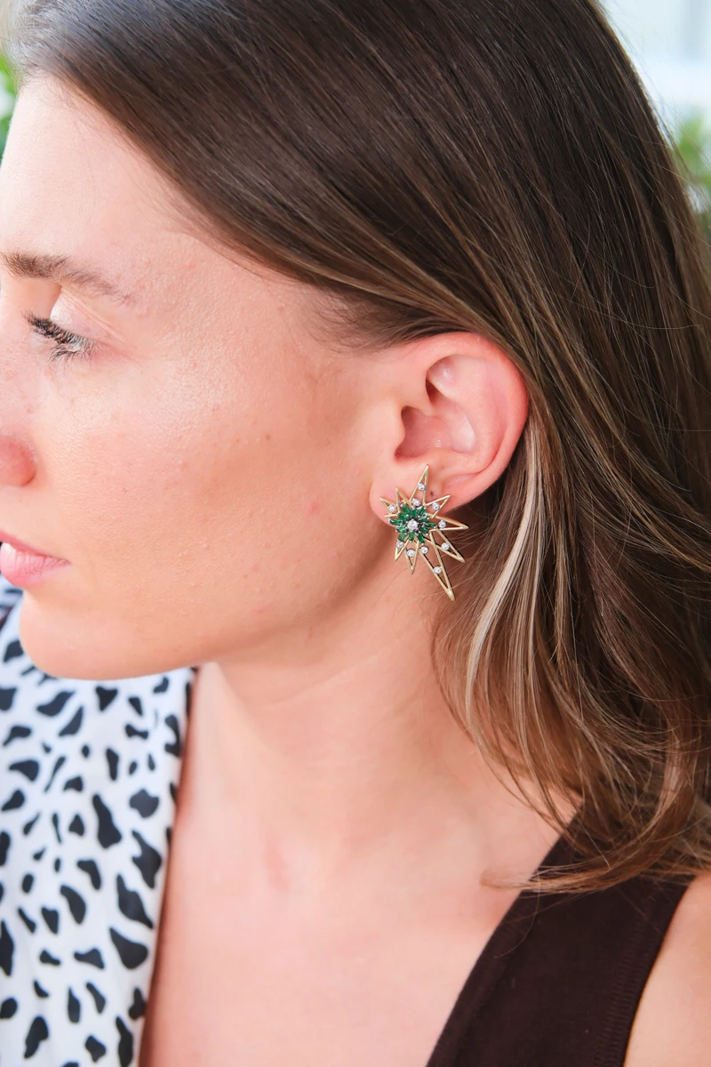 Yeşil Taşlı Kutup Yıldızı Tasarım Gold Küpe