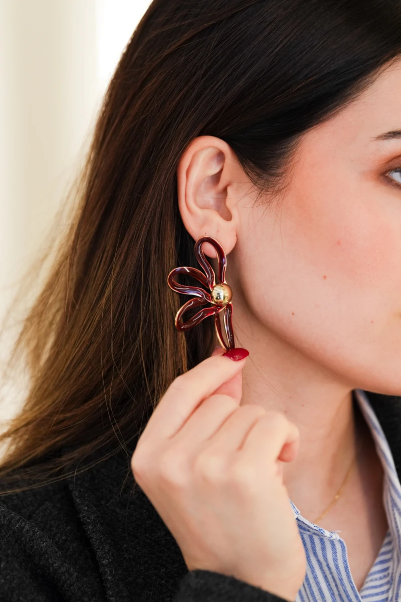 Bordo Mineli Büyük Gold Çiçek Küpe