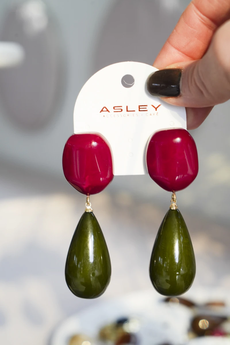 Doğal Taş Görünümlü Tasarım Gold Küpe