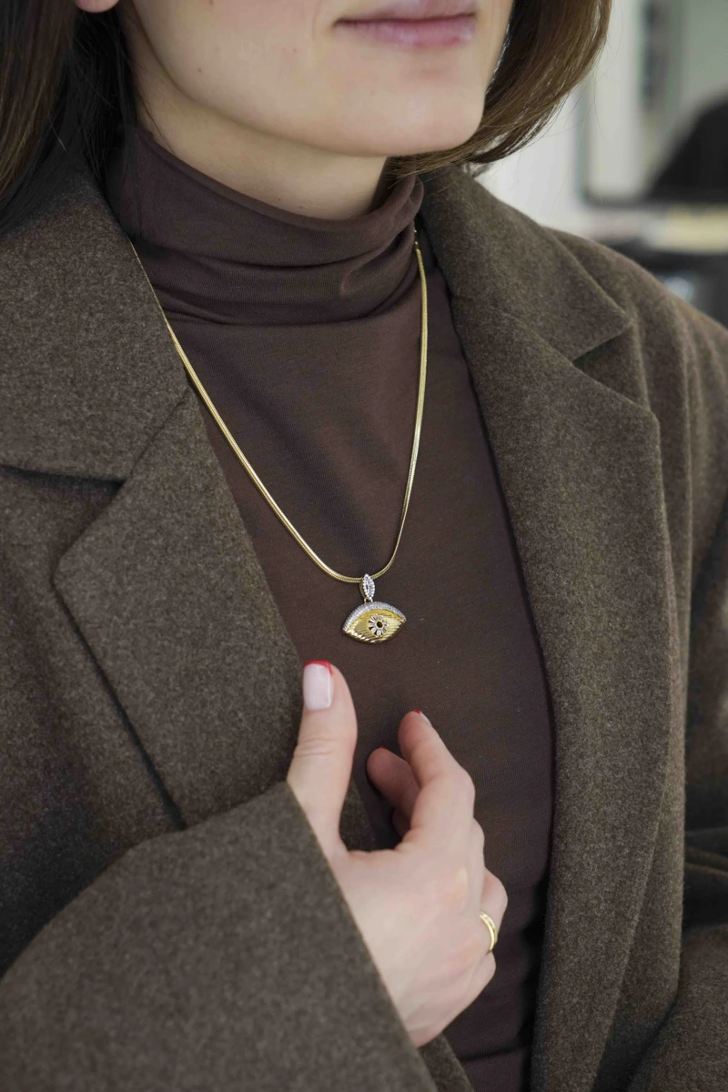 Gümüş Taşlı Göz Detaylı Tasarım Kolye