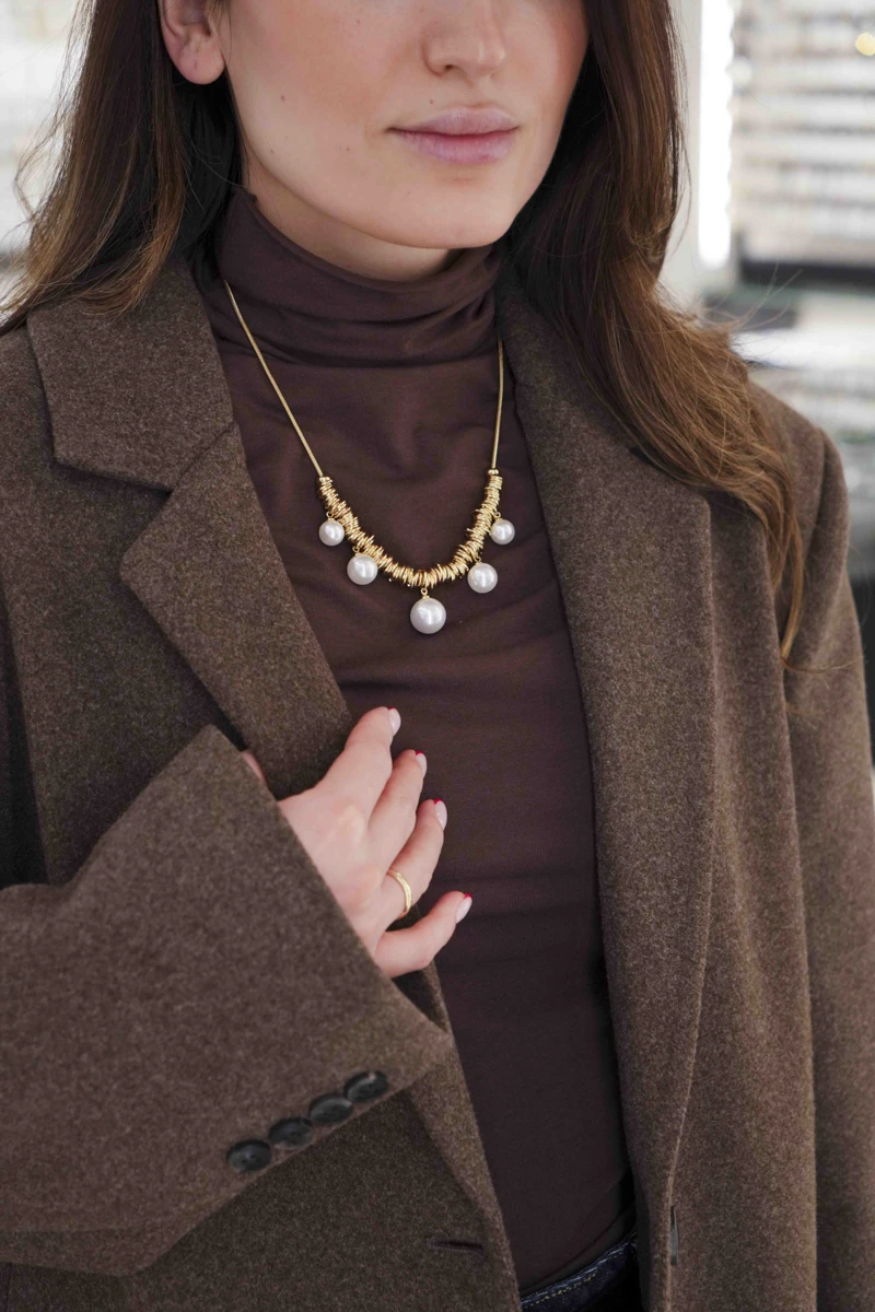 İnci Detaylı Çoklu Halka Birleşimli Tasarım Gold Kolye