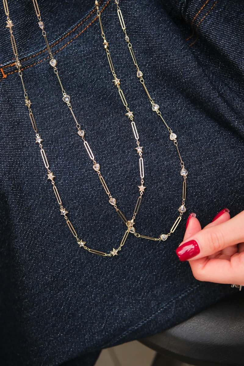 Araları Taşlı Oval Zincir Tasarım Uzun Gold Kolye