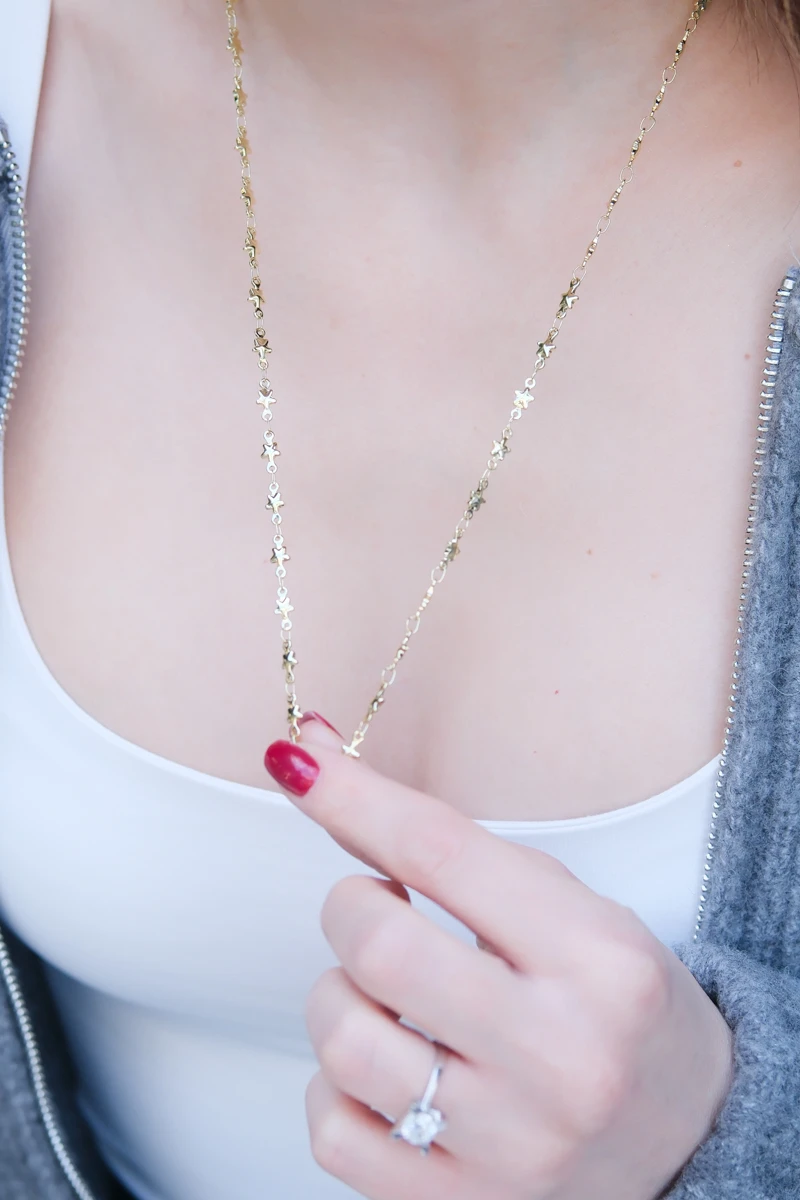 Metal Yıldız Sıralı Uzun Gold Kolye