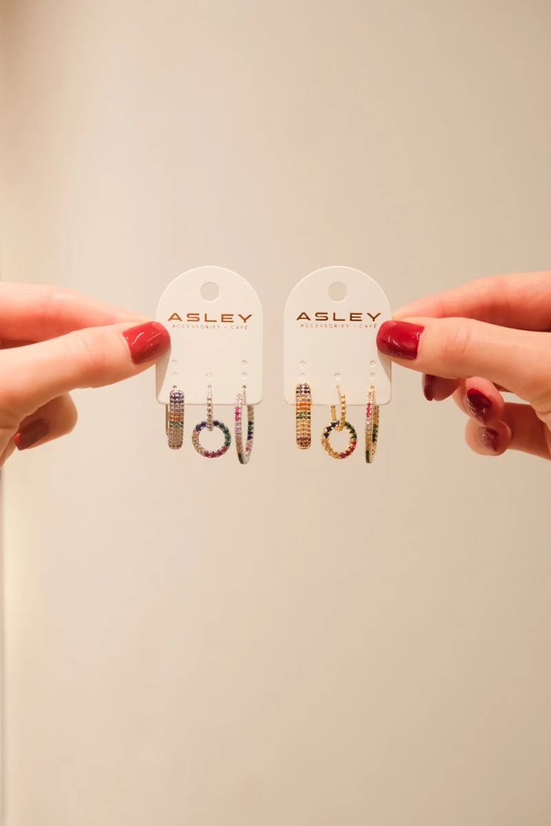 Renkli Taşlı Halka ve Oval Halka Tasarım Üçlü Küpe Seti