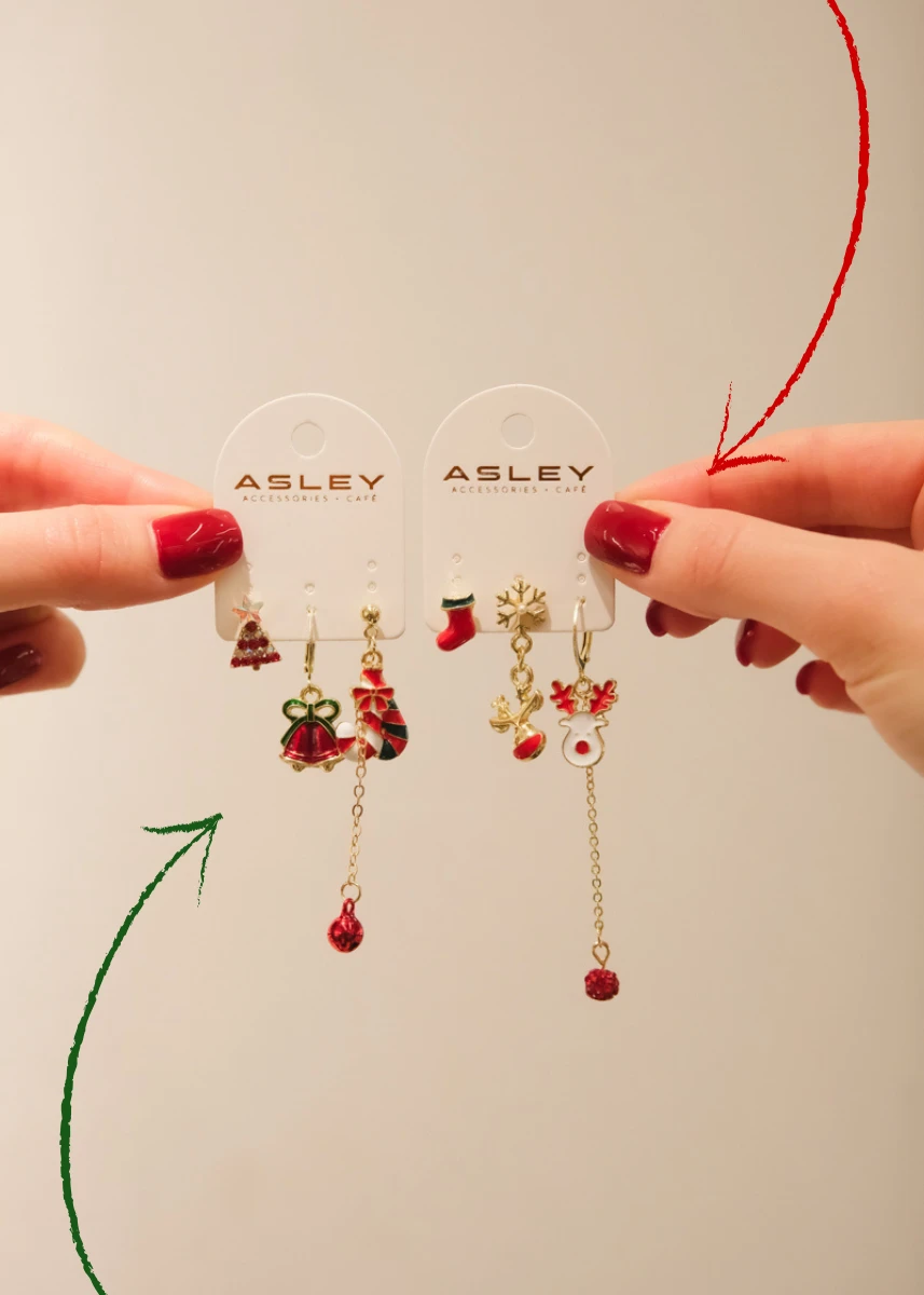 Şeker ve Ağaç Detaylı Yılbaşı Temalı Üçlü Gold Küpe Seti