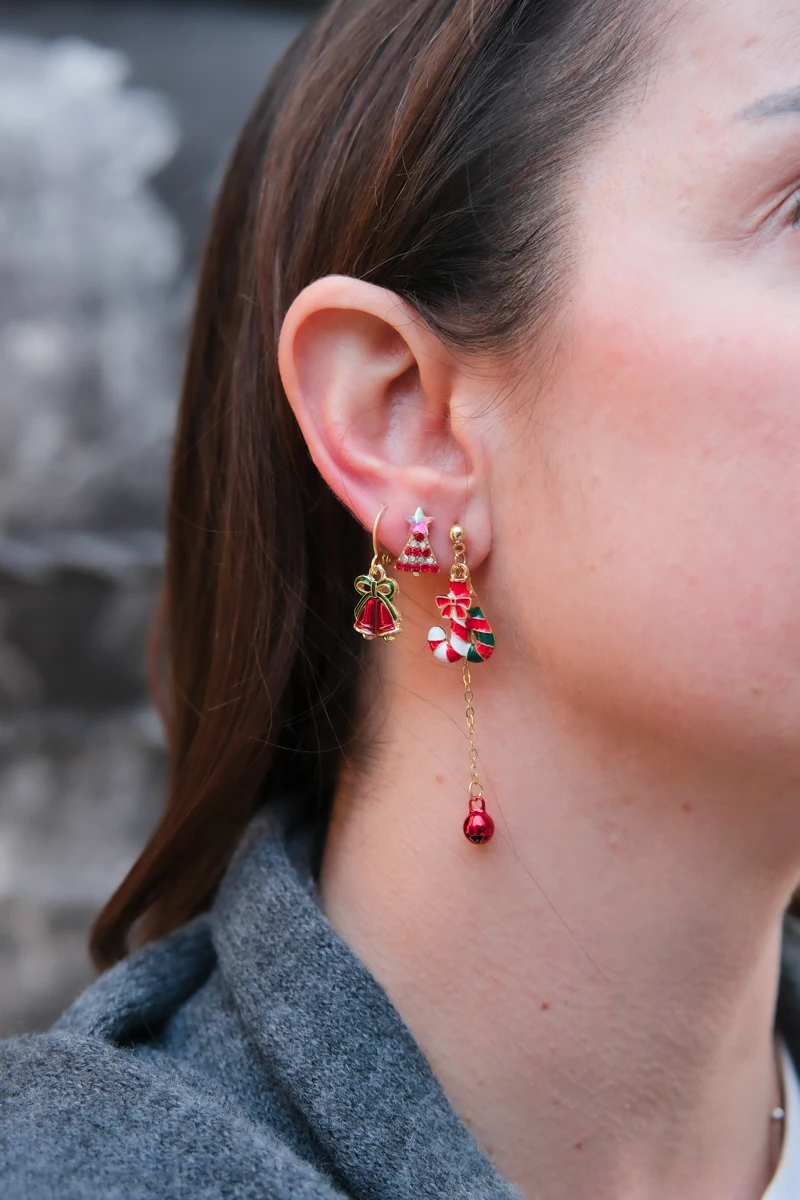 Şeker ve Ağaç Detaylı Yılbaşı Temalı Üçlü Gold Küpe Seti