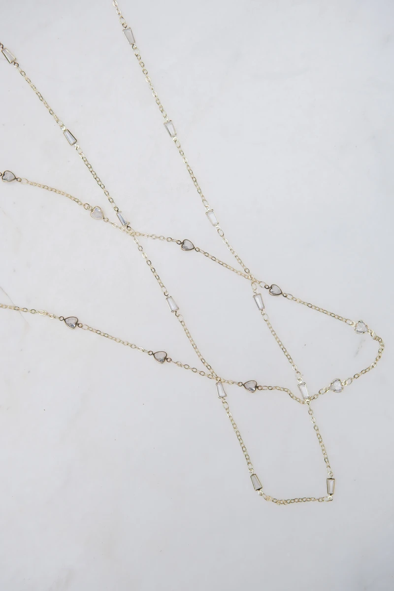 Taşlı İnce Zincir Tasarım Uzun Gold Kolye