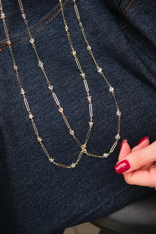 Araları Taşlı Oval Zincir Tasarım Uzun Gold Kolye