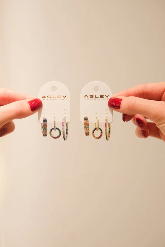 Renkli Taşlı Halka ve Oval Halka Tasarım Üçlü Küpe Seti