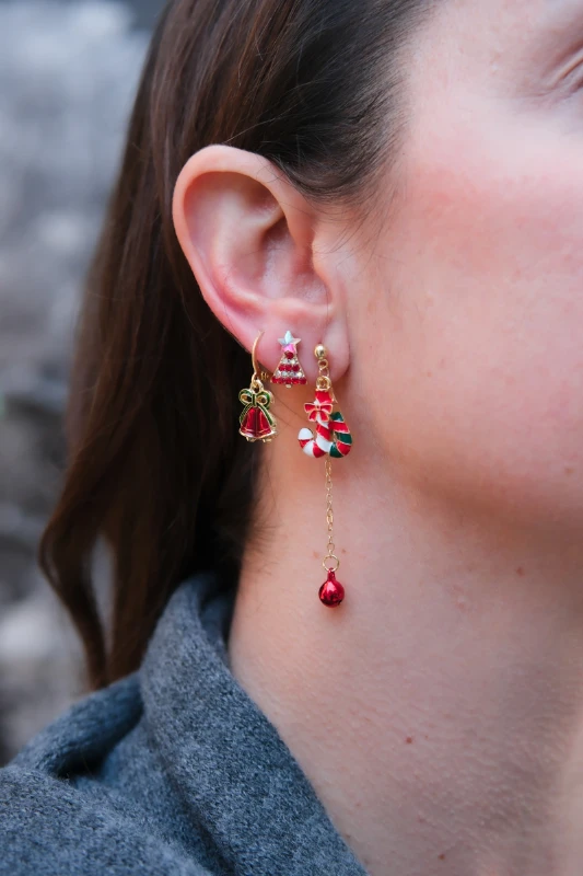 Şeker ve Ağaç Detaylı Yılbaşı Temalı Üçlü Gold Küpe Seti