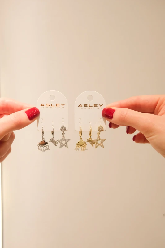 Taşlı Yıldız ve Bulut Detaylı Tasarım Üçlü Küpe Seti