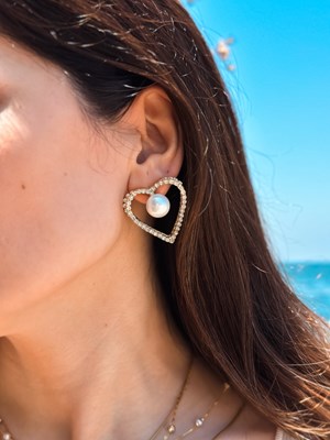 Taşlı Tek İncili Kalp Küpe