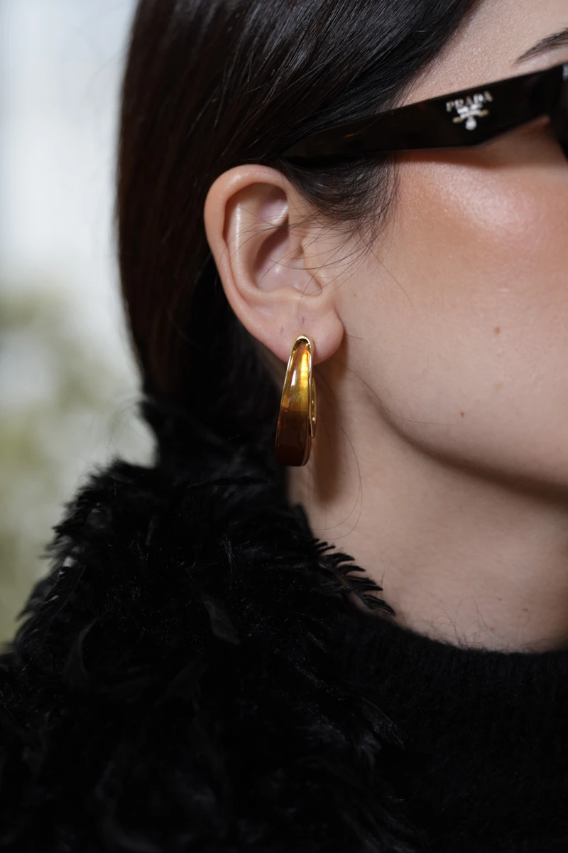 Kahverengi Kemik Tasarım Gold Oval Küpe