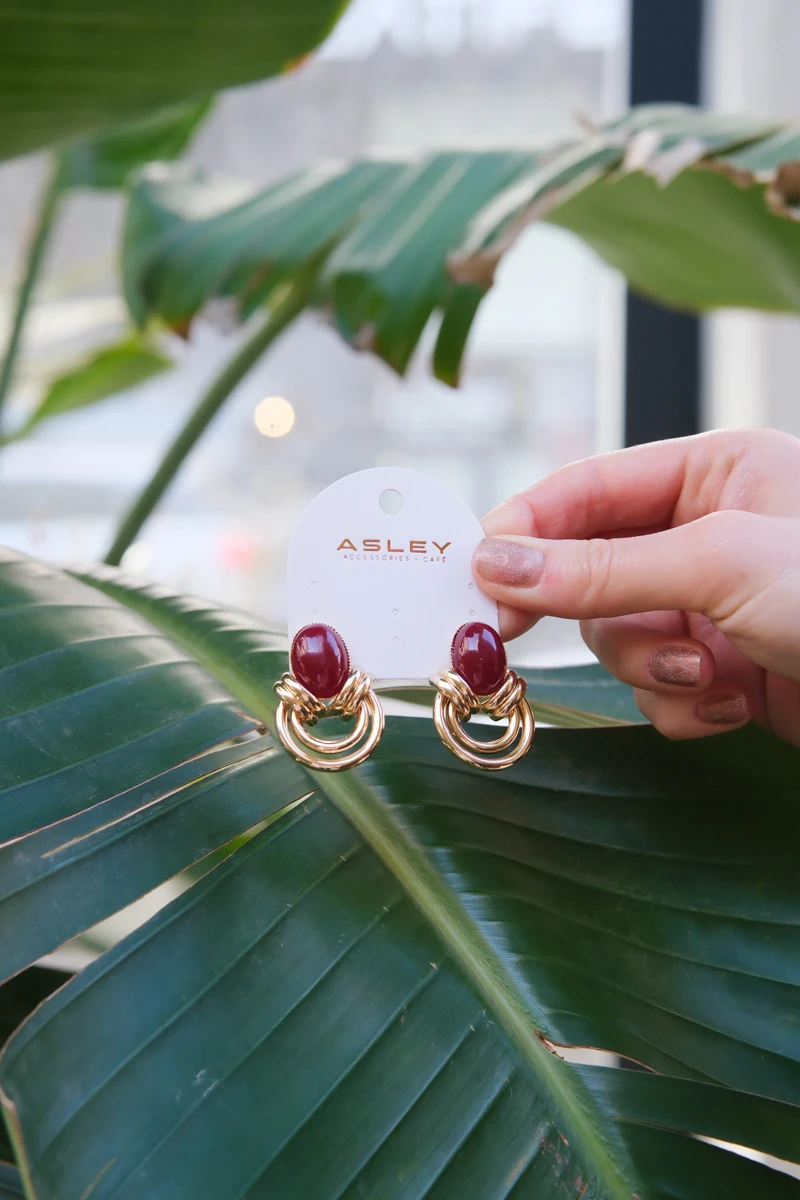 Bordo Opal Taş Detaylı İkili Halka Tasarım Küpe