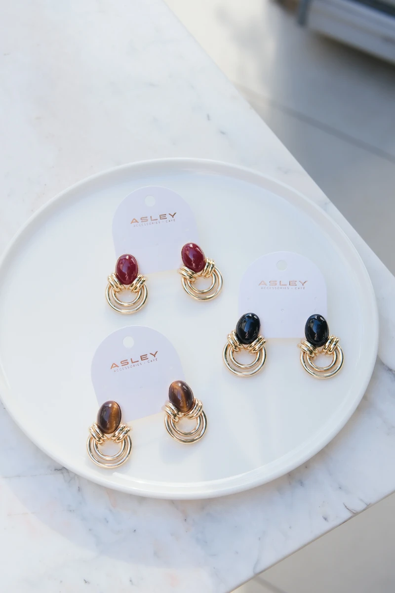 Kahverengi Opal Taş Detaylı İkili Halka Tasarım Küpe