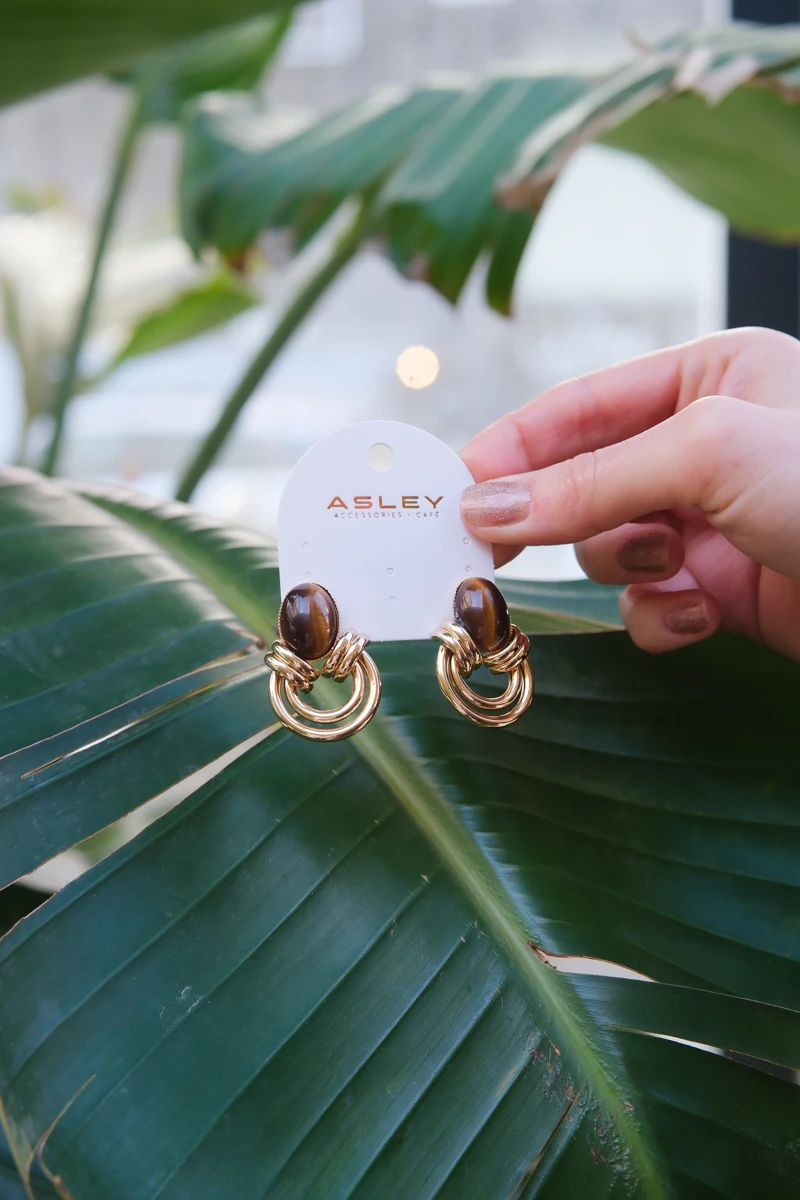 Kahverengi Opal Taş Detaylı İkili Halka Tasarım Küpe