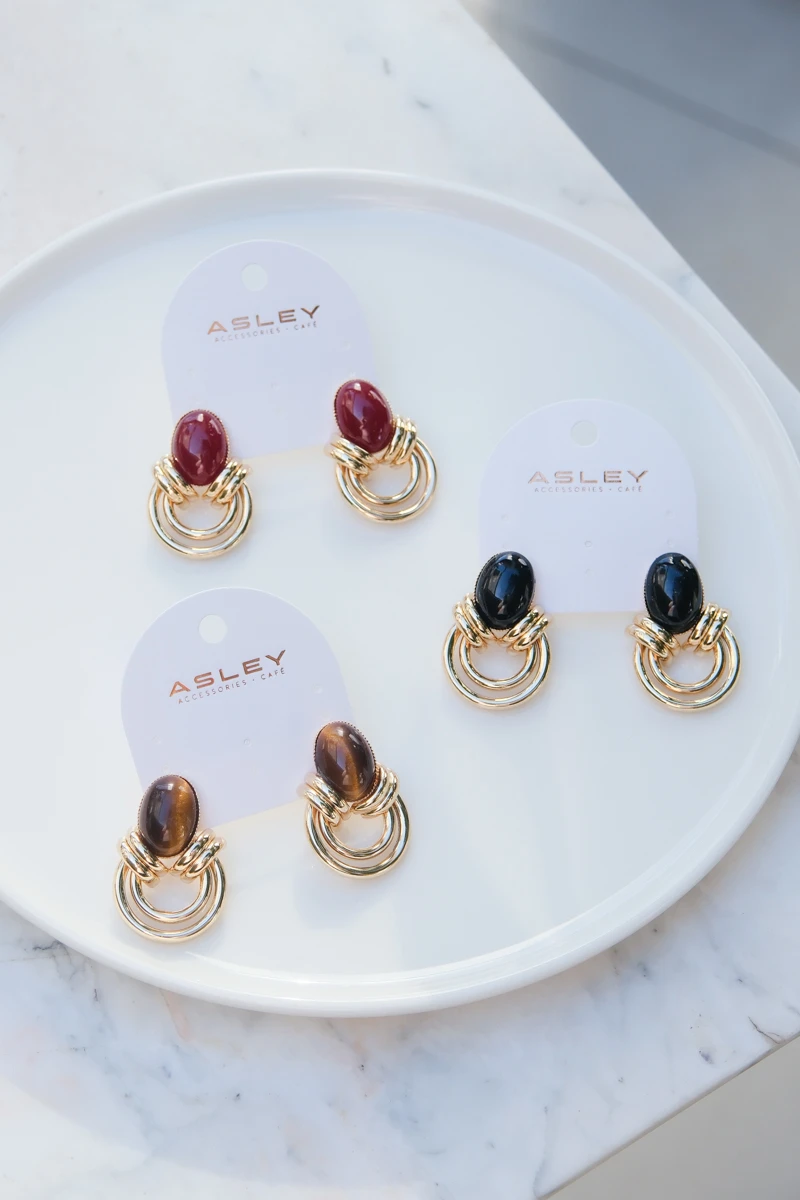 Siyah Opal Taş Detaylı İkili Halka Tasarım Küpe