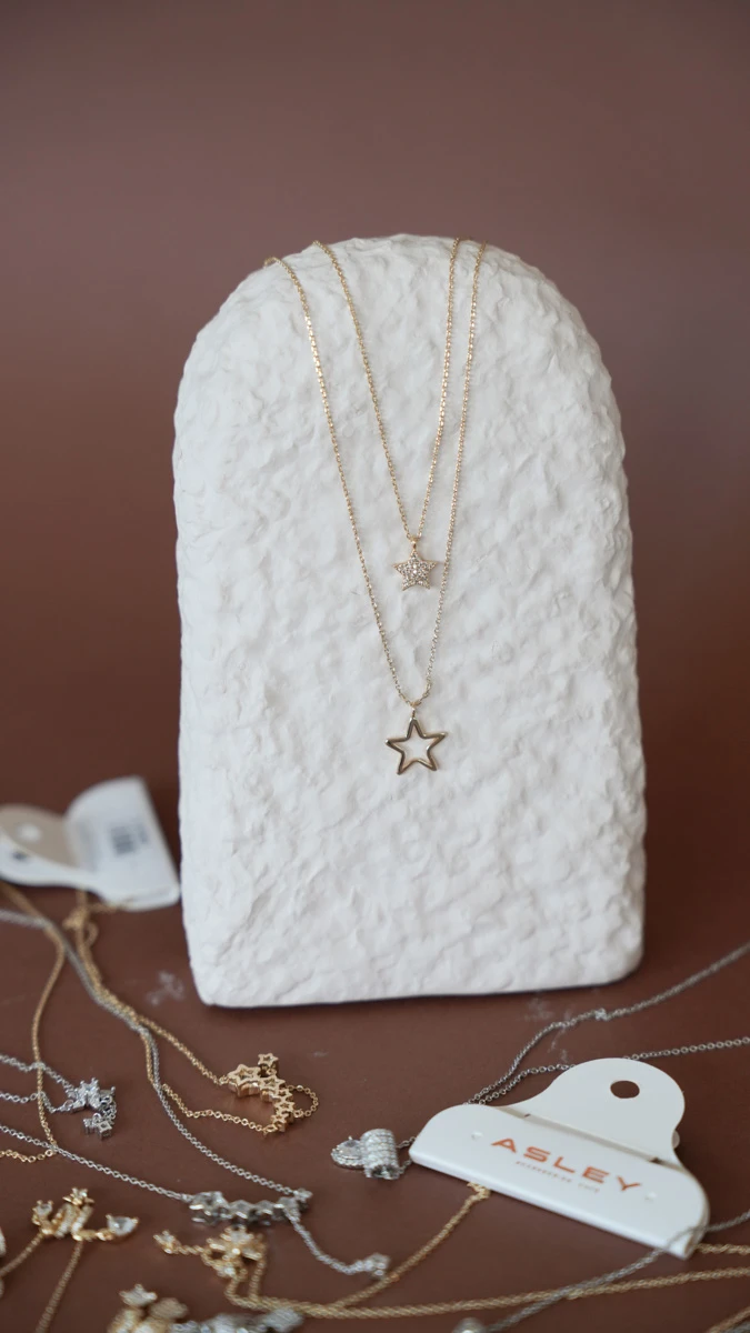 Taşlı Ve Metal Yıldız Tasarım İkili İnce Kolye