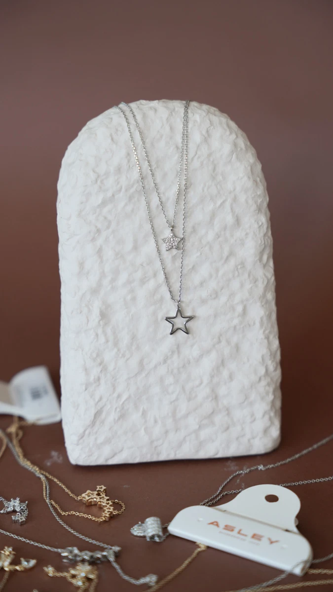 Taşlı Ve Metal Yıldız Tasarım İkili İnce Kolye