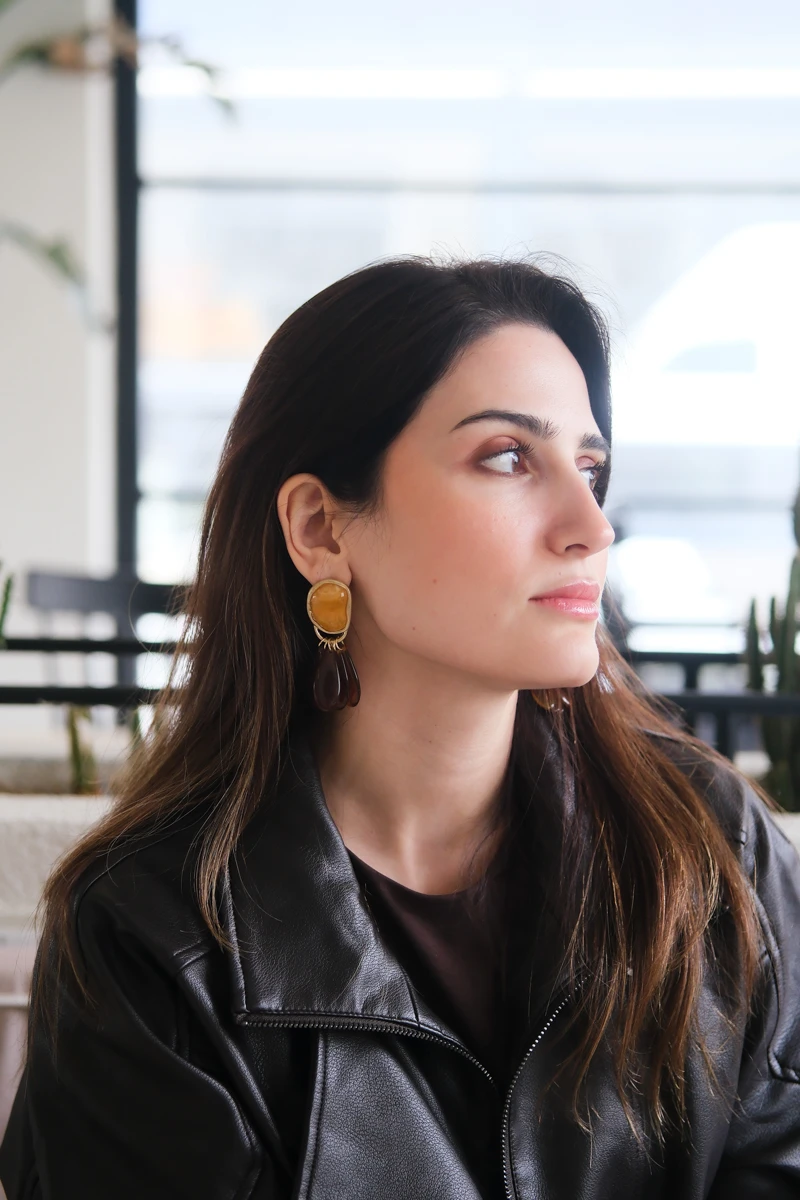 Doğal Taş Görünümlü Çoklu Oval Plaka Tasarım Gold Küpe