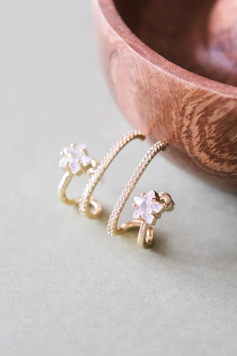 Yıldız Taş Detaylı İkili Görünüm Gold Küpe