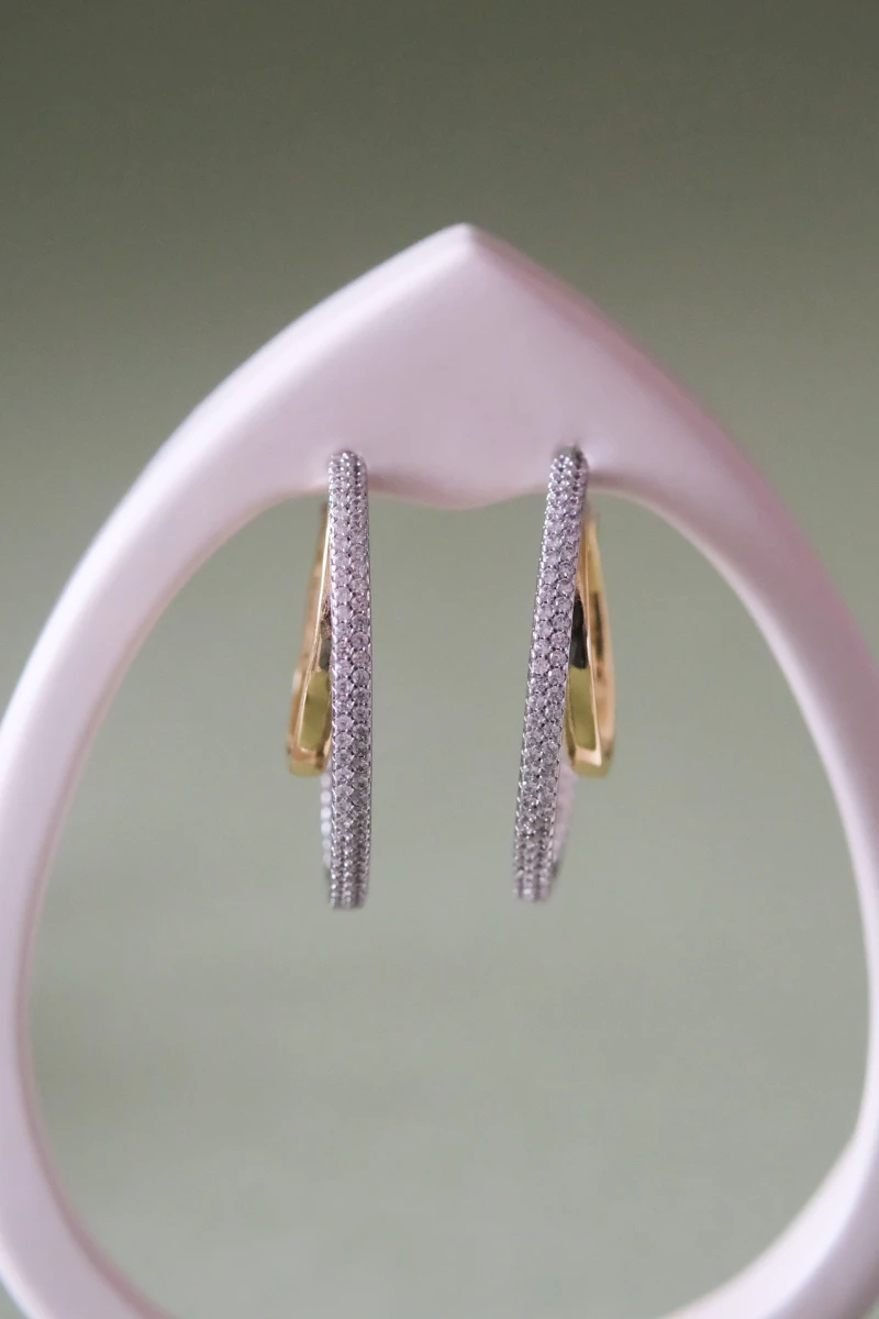 Taşlı Ve Metal İkili Oval Halka Tasarım Küpe