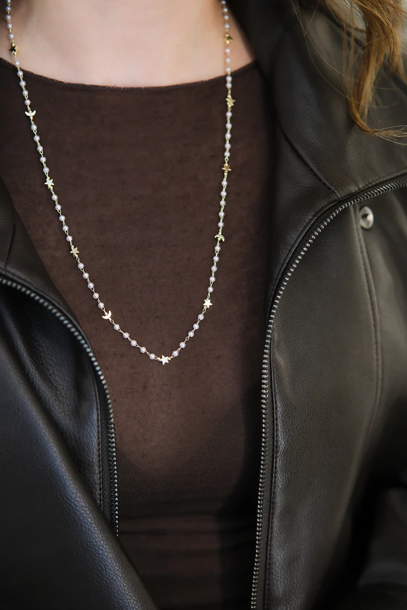 Ay Ve Yıldız Detaylı İnci Sıralı Gold Zincir Kolye