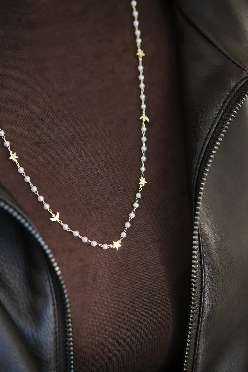Ay Ve Yıldız Detaylı İnci Sıralı Gold Zincir Kolye