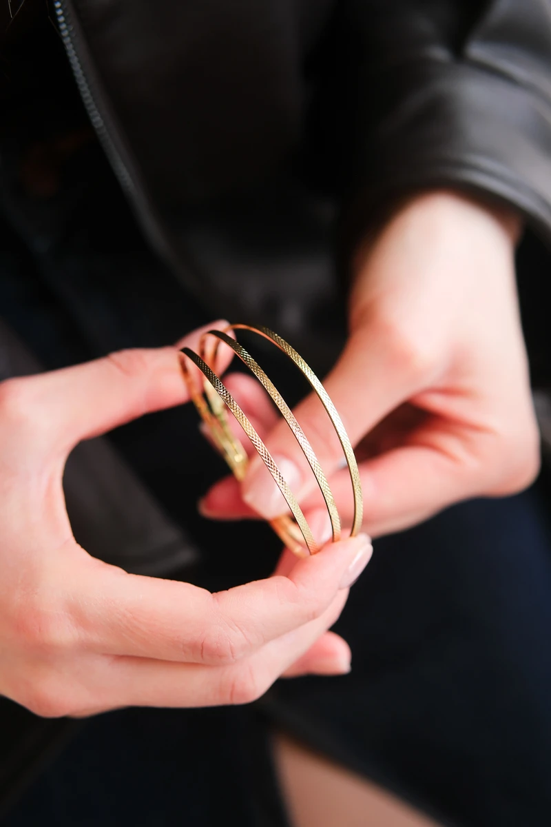 Desenli Kibrit Çöpü Tasarım Üçlü Bilezik Seti