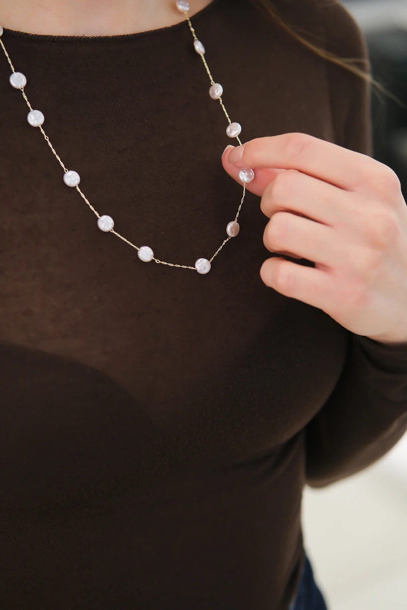 Doğal İnci Görünümlü Gold Zincir Kolye