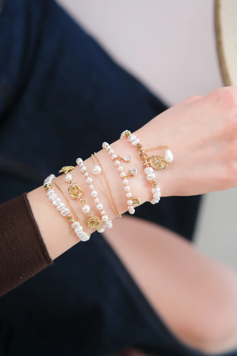 İnci Detaylı İkili Gold Bileklik