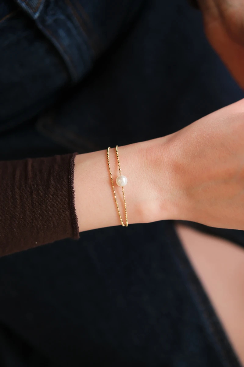 İnci Detaylı İkili Topçuk Zincir Tasarım Gold Bileklik