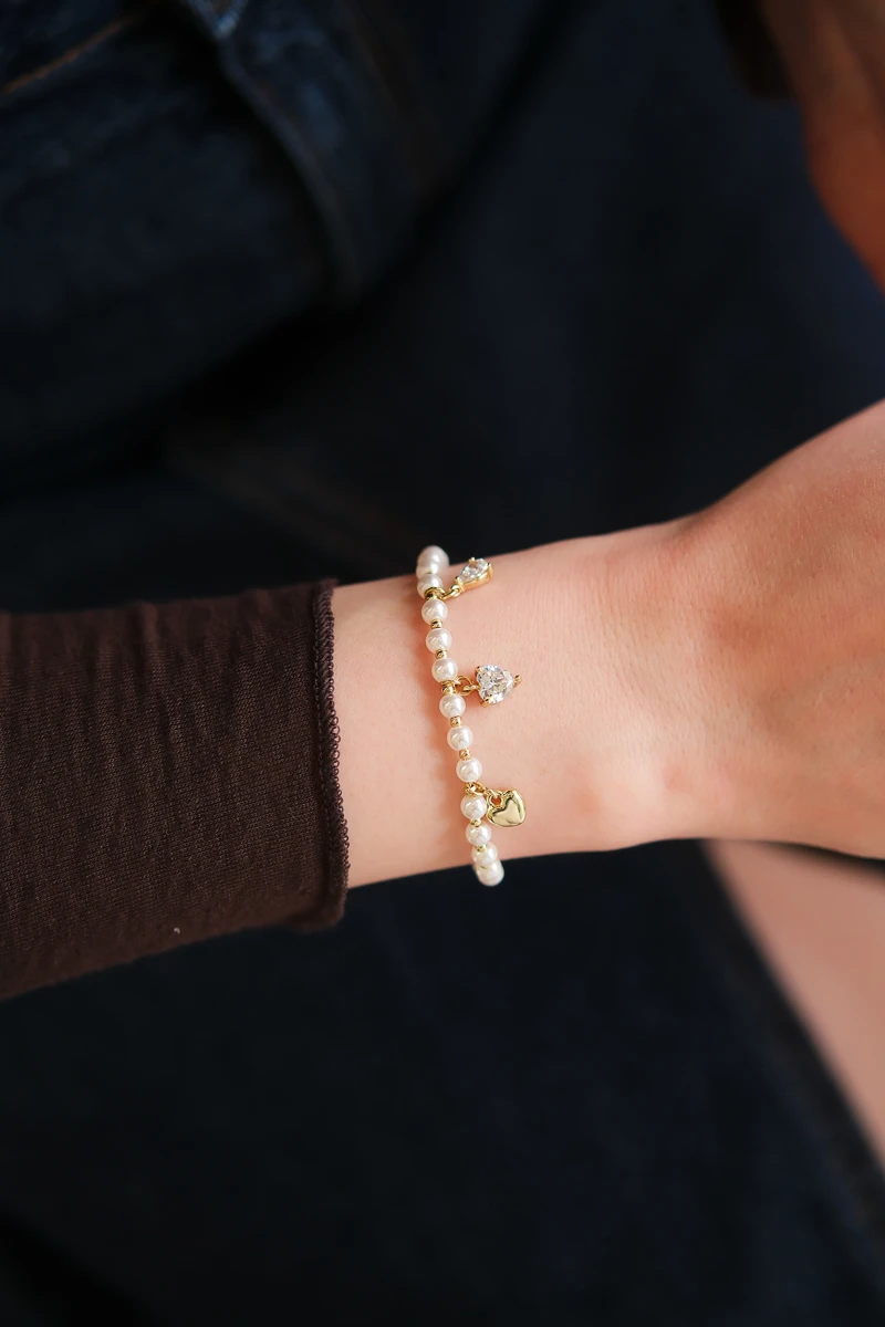 Kalp Sallantılı İnci Sıralı Gold Bileklik