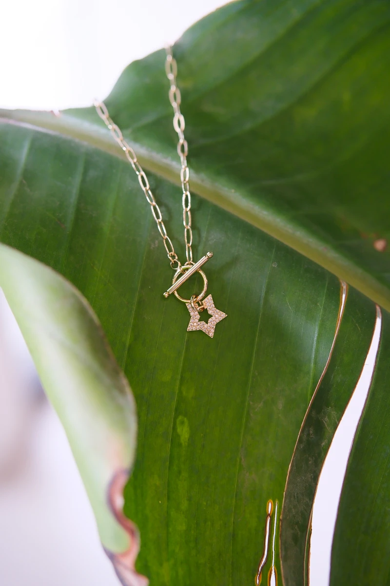 Taşlı İçi Boş Yıldız Detaylı Gold Kolye