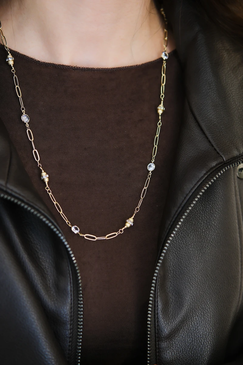 Yuvarlak Taş Ve Silindir Detaylı Gold Zincir Kolye