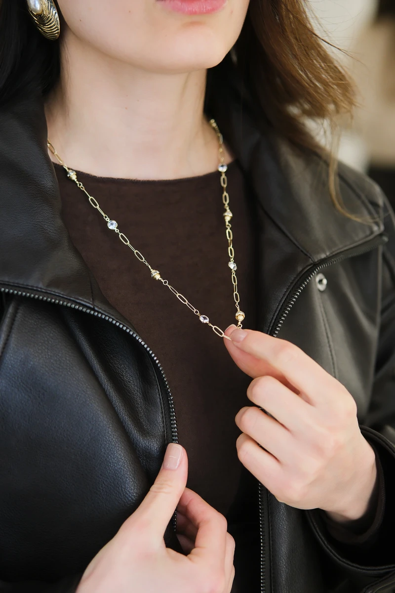 Yuvarlak Taş Ve Silindir Detaylı Gold Zincir Kolye